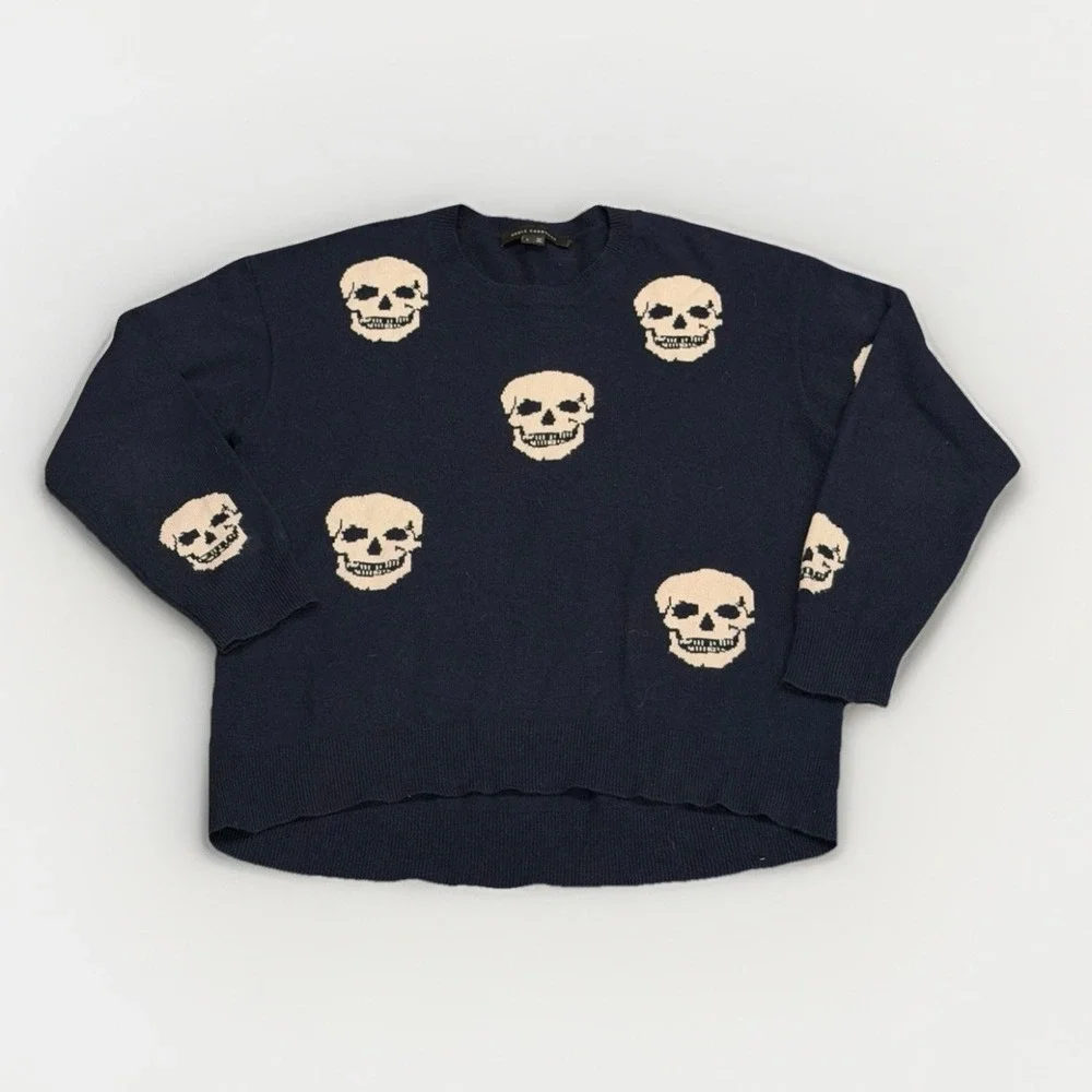 Skull Cashmere 100% Cashmere Crewneck Sweater Navy Blue Skull All Over Size L